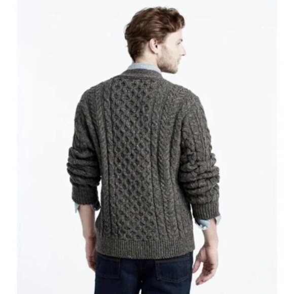 LL Bean Irish Fisherman Knit Leather Cardigan Sweater 100% Wool Sz  XL Like New! - Picture 2 of 8